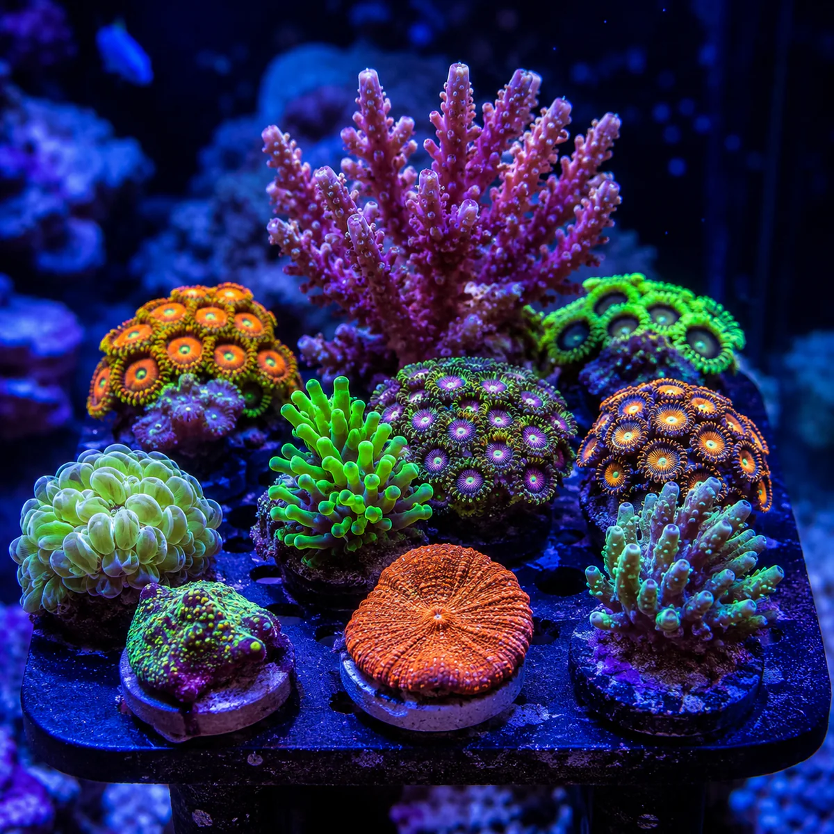 Colorful reef coral frags and colonies
